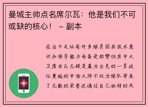 曼城主帅点名席尔瓦：他是我们不可或缺的核心！ - 副本